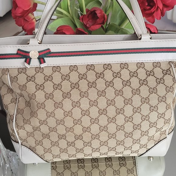 RARE***GUCCI SHERRY LINE~ GG MONOGRAM~ LEATHER & CANVAS TOTE~ - Picture 12 of 16